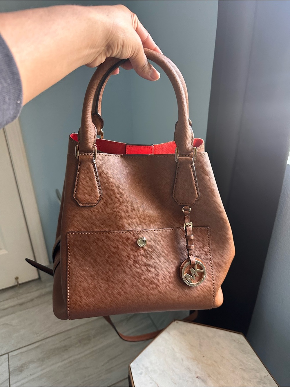 Michael Kors Brown Tote with Red Interior and Gold MK Charm - Picture 2 of 4